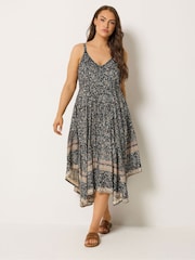 Yours Curve Black Border Print Hanky Hem Dress - Image 2 of 6