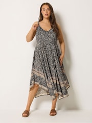 Yours Curve Black Border Print Hanky Hem Dress - Image 3 of 6