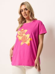 Yours Curve Pink Flower Graphic T-Shirt - Image 1 of 5