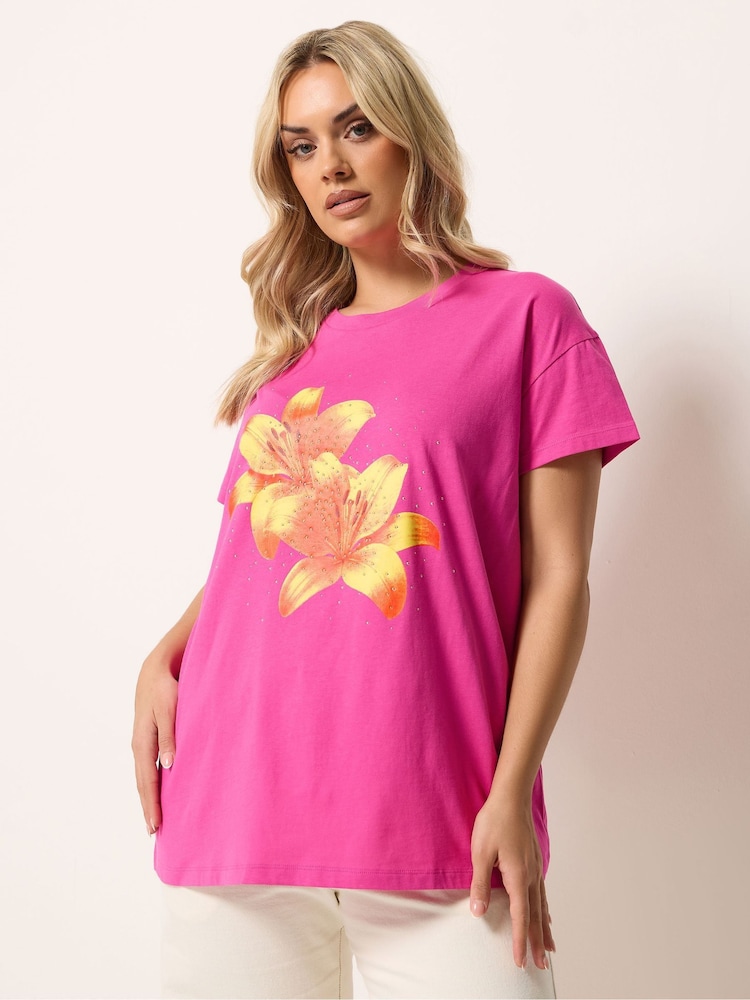 Yours Curve Pink Flower Graphic T-Shirt - Image 1 of 5 Yours Curve Pink Flower Graphic T-Shirt - Image 1 of 5