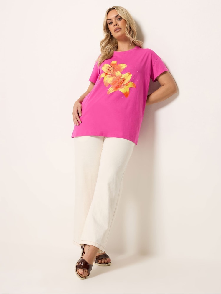Yours Curve Pink Flower Graphic T-Shirt - Image 2 of 5 Yours Curve Pink Flower Graphic T-Shirt - Image 2 of 5