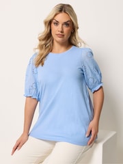 Yours Curve Blue Broderie Anglaise T-Shirt - Image 1 of 5
