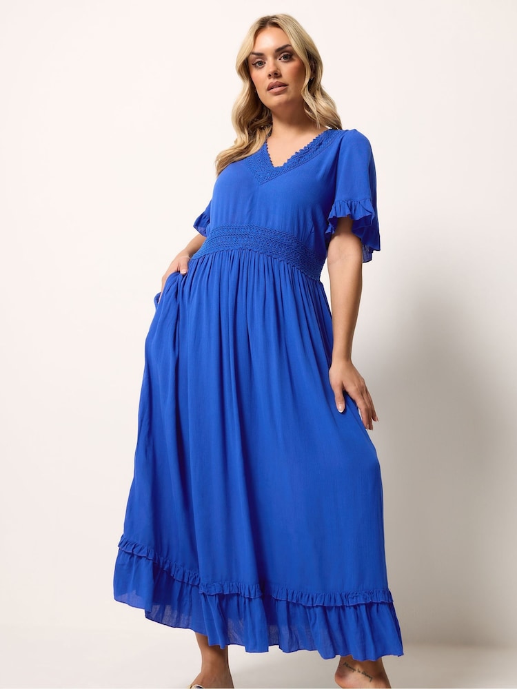 Yours Curve Blue Crochet V-Neck Maxi Dress - Image 1 of 5