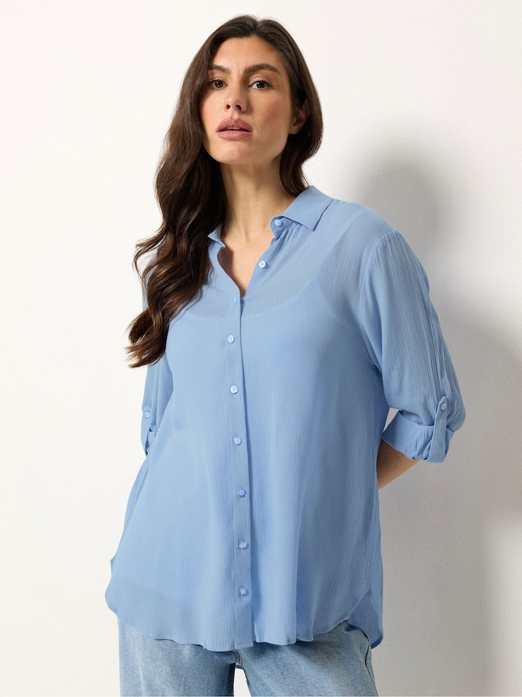 M&Co Blue Crinkle Tab Sleeve Shirt - Image 1 of 5 M&Co Blue Crinkle Tab Sleeve Shirt - Image 1 of 5