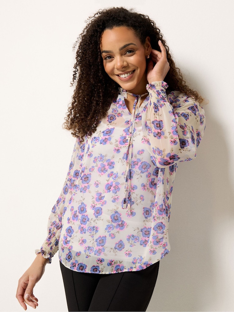 M&Co Purple Floral Tie Neck Blouse - Image 1 of 5 M&Co Purple Floral Tie Neck Blouse - Image 1 of 5