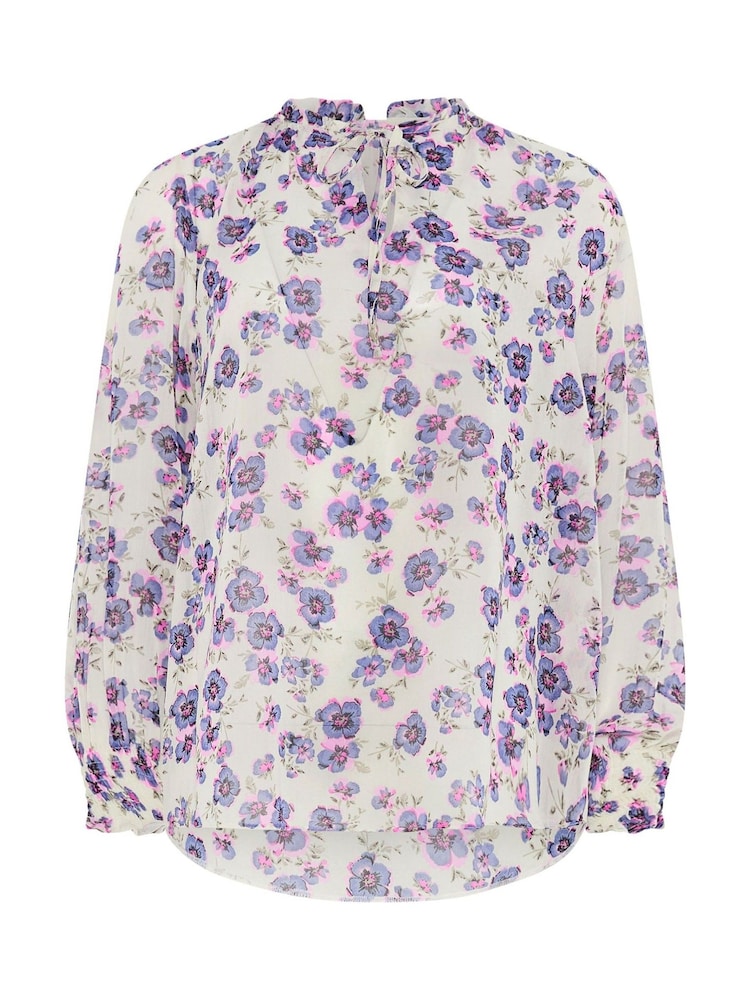 M&Co Purple Floral Tie Neck Blouse - Image 5 of 5 M&Co Purple Floral Tie Neck Blouse - Image 5 of 5