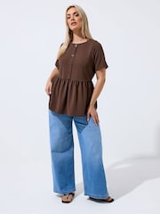 Yours Curve Brown Limited Button Down Peplum Top - Image 2 of 5