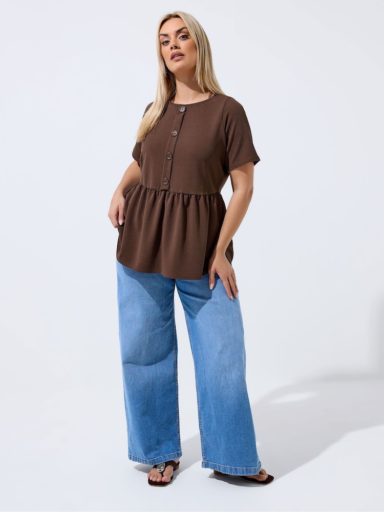 Yours Curve Brown Limited Button Down Peplum Top - Image 2 of 5