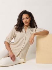 M&Co Brown Stripe Textured Puff Sleeve Shirt - Image 1 of 6