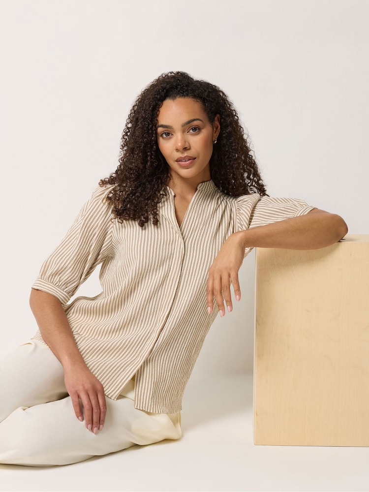 M&Co Brown Stripe Textured Puff Sleeve Shirt - Image 1 of 6