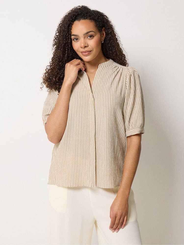 M&Co Brown Stripe Textured Puff Sleeve Shirt - Image 2 of 6