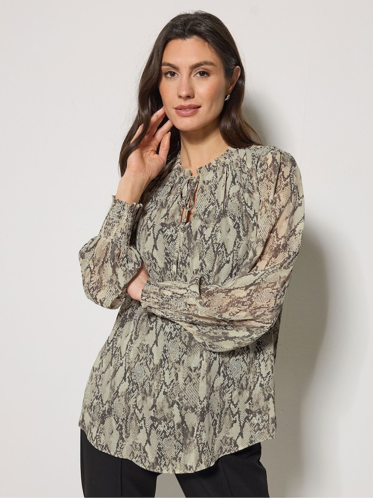 M&Co Grey Tie Neck Puff Sleeve Blouse - Image 1 of 5 M&Co Grey Tie Neck Puff Sleeve Blouse - Image 1 of 5