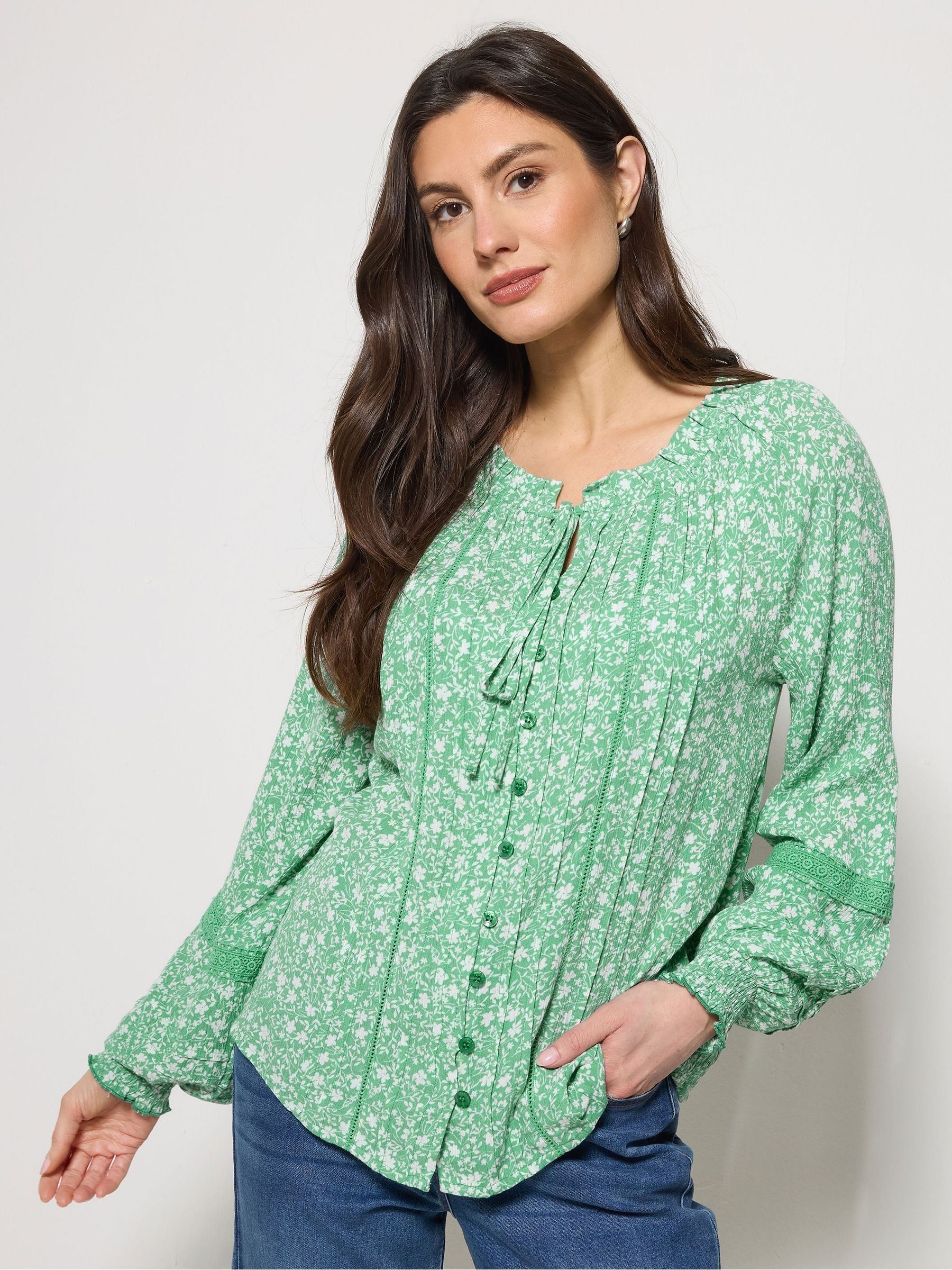M & Co Women's Green Trim Detail Tie Neck Blouse