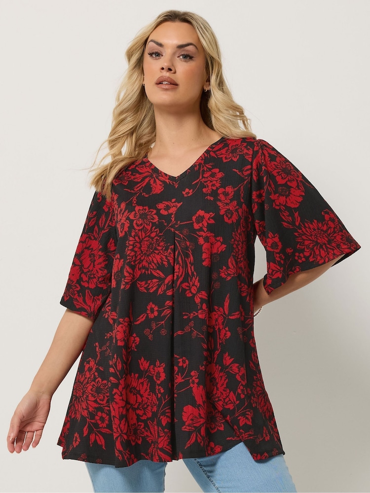Yours Curve Red Pleated Front Tunic - Image 1 of 5