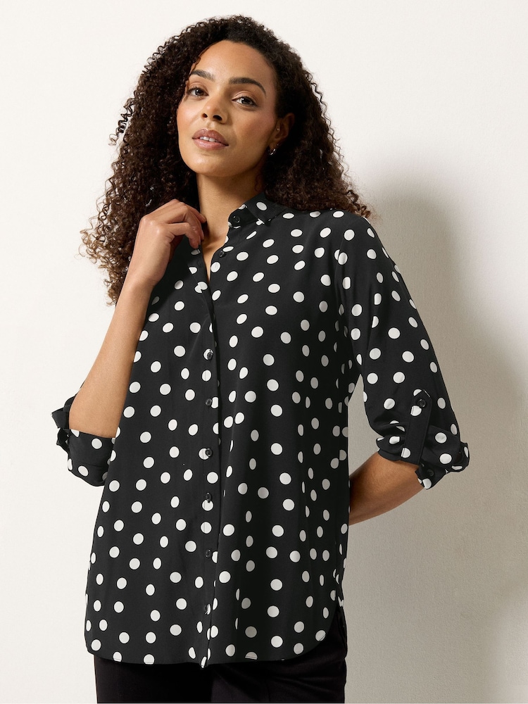 M&Co Black Polka Dot Tab Sleeve Shirt - Image 1 of 5
