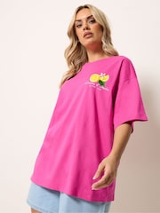 Yours Curve Pink Placement Relaxed T-Shirt - Image 1 of 6