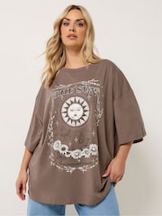 Yours Curve Brown Placement Boxy T-Shirt - Image 1 of 5