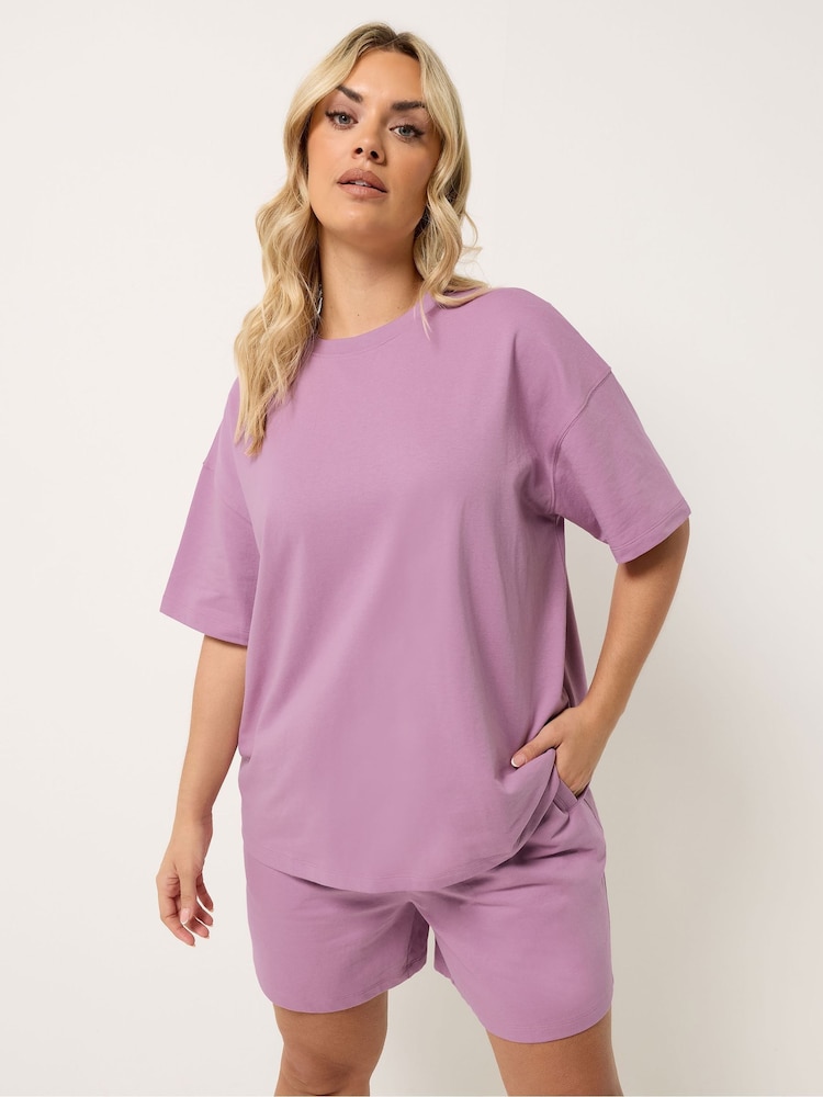 Yours Curve Purple Sweat T-Shirt & Shorts Set - Image 1 of 5