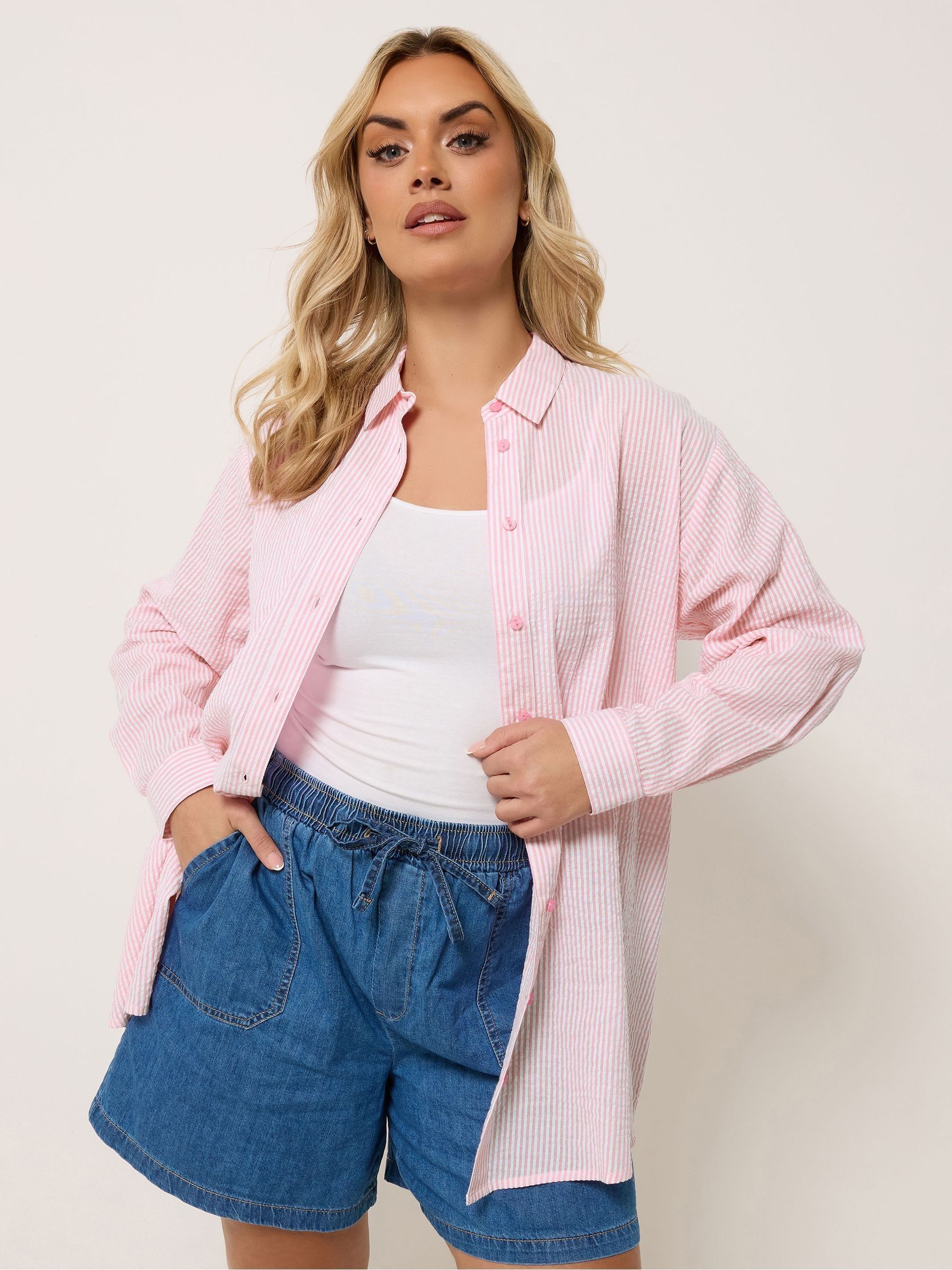 Yours Curve Women's Pink Seersucker Stripe Shirt - Image 2