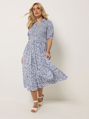 Yours Curve Blue Shirred Short Sleeve Maxi Dress - Image 1 of 5