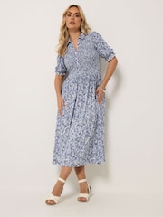 Yours Curve Blue Shirred Short Sleeve Maxi Dress - Image 2 of 5