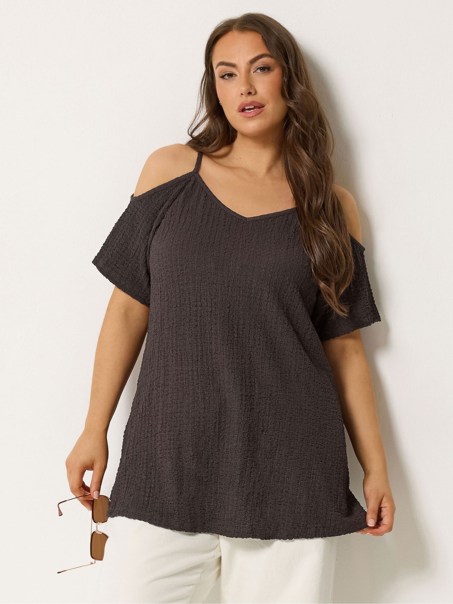 Yours Curve Women's Brown Textured Cold Shoulder Top
