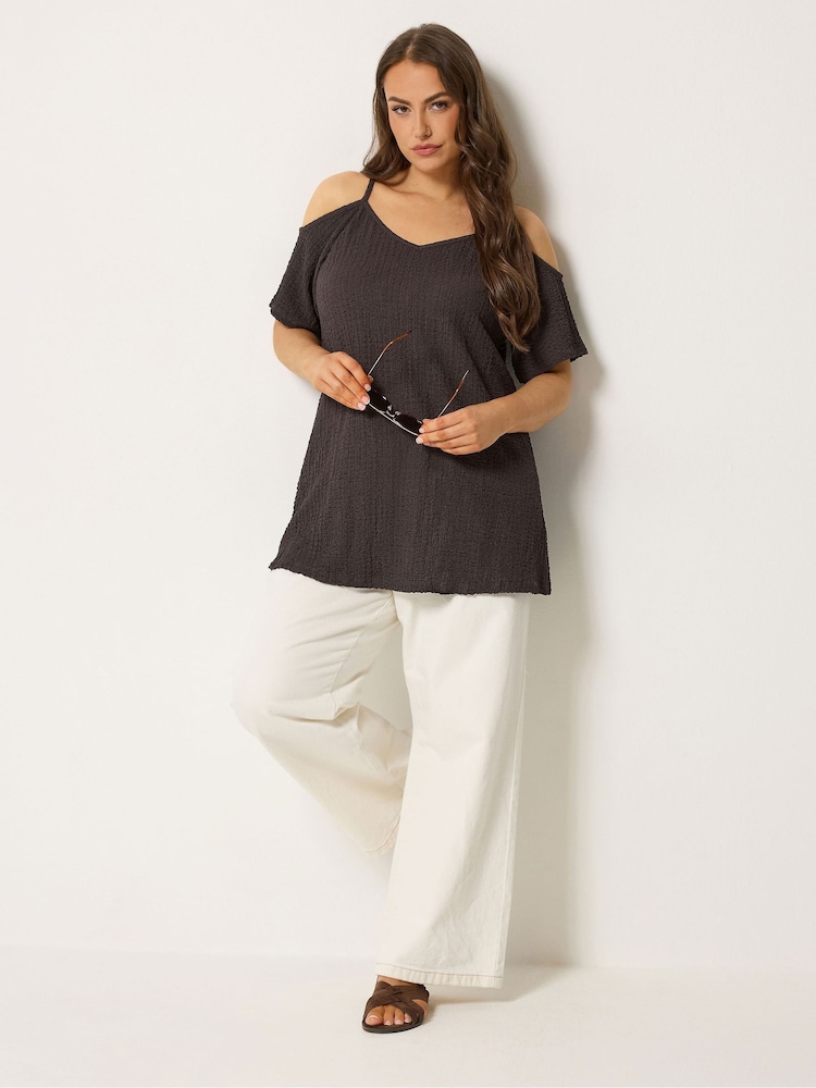 Yours Curve Brown Textured Cold Shoulder Top - Image 2 of 5