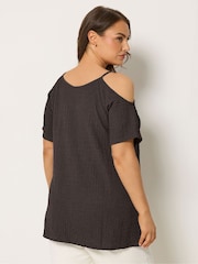Yours Curve Brown Textured Cold Shoulder Top - Image 3 of 5