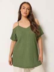 Yours Curve Green Textured Cold Shoulder Top - Image 1 of 5
