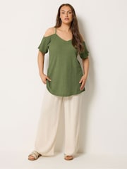 Yours Curve Green Textured Cold Shoulder Top - Image 2 of 5