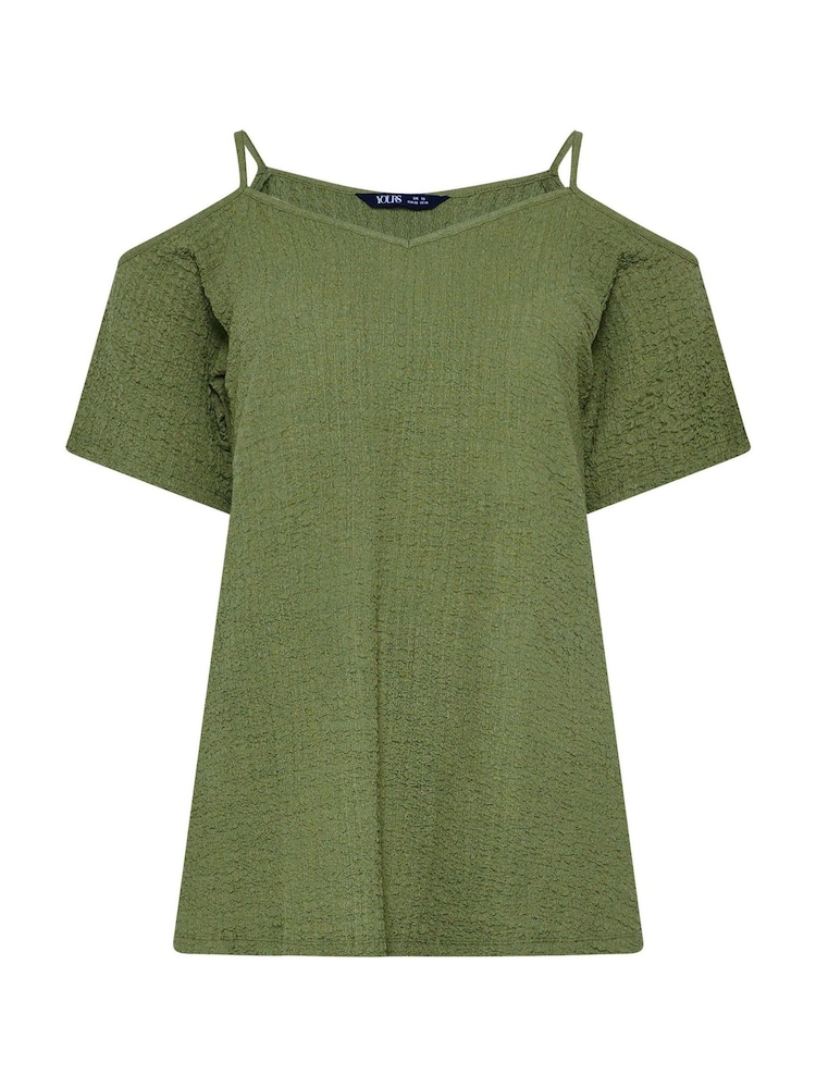 Yours Curve Green Textured Cold Shoulder Top - Image 5 of 5