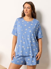 Yours Curve Blue Soft Touch Top & Shorts Pyjamas Set - Image 2 of 5