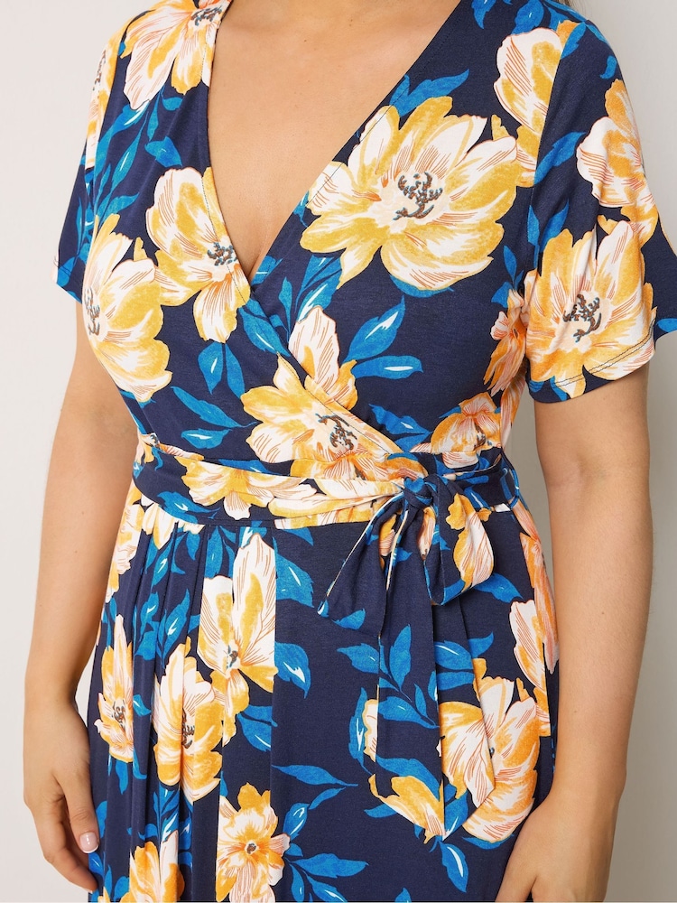 blue and yellow plus size dress Final Sale Plus Size Off the Shoulder Satin Maxi Dress with Waist Tie in Yellow Royal Blue and Black Design Print