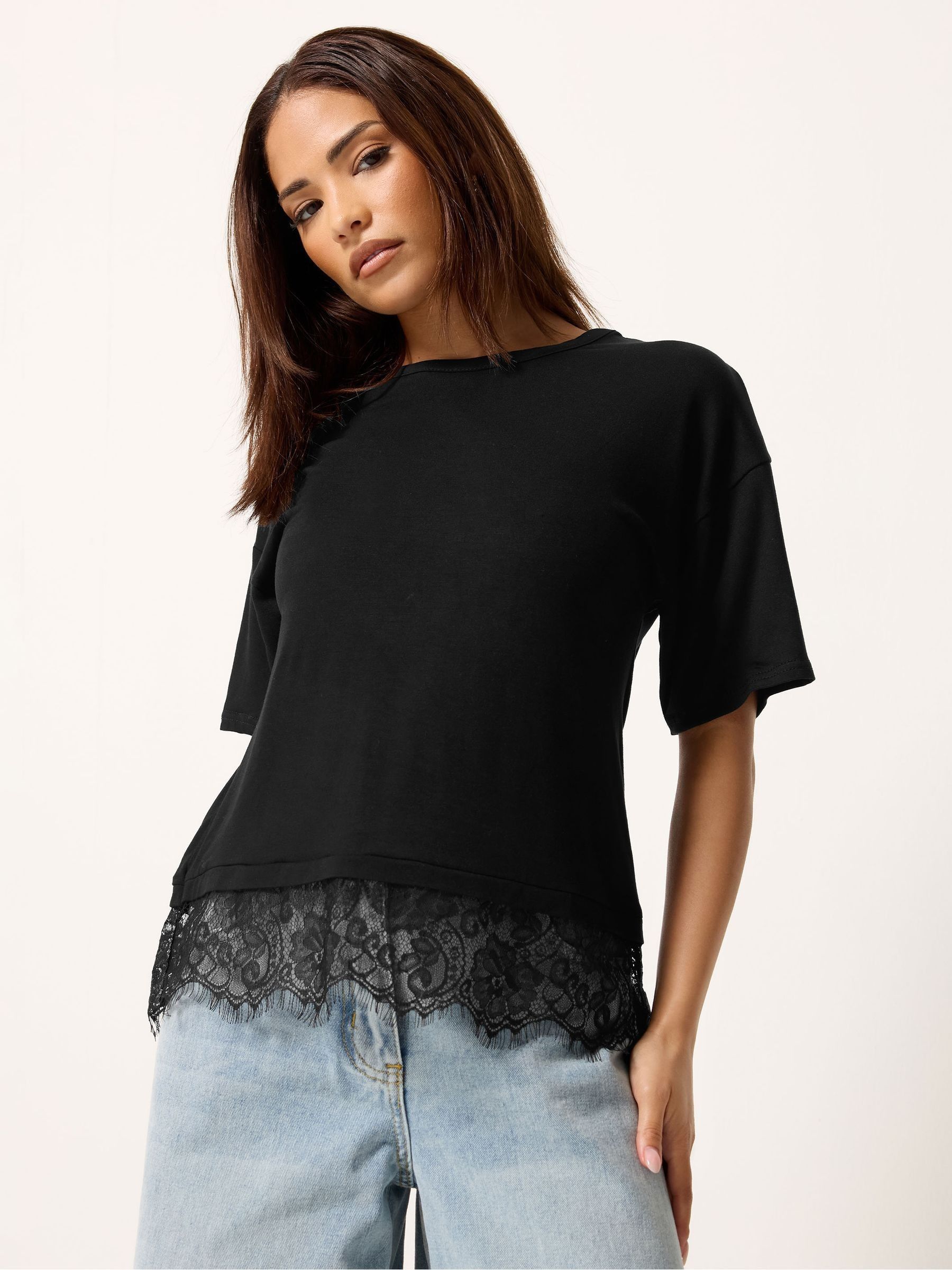 Buy PixieGirl Petite Black Lace Hem T-Shirt from Next USA