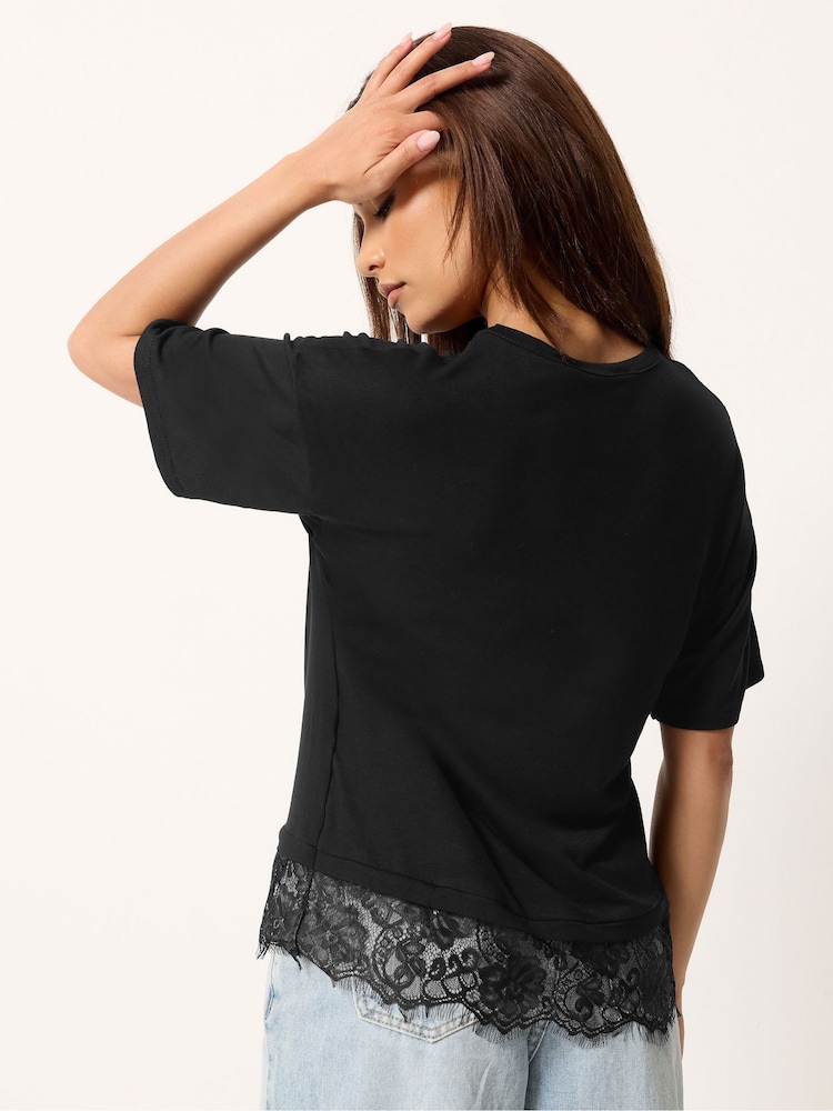 PixieGirl Petite Black Lace Hem T-Shirt - Image 2 of 5