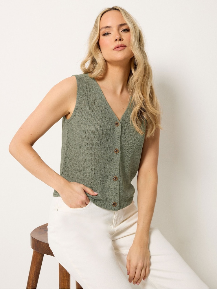 Long Tall Sally Green Button Knitted Vest Top - Image 1 of 5