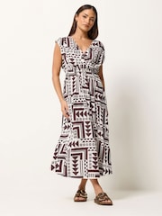 PixieGirl Petite Brown Abstract Wrap Front Midi Dress - Image 1 of 5