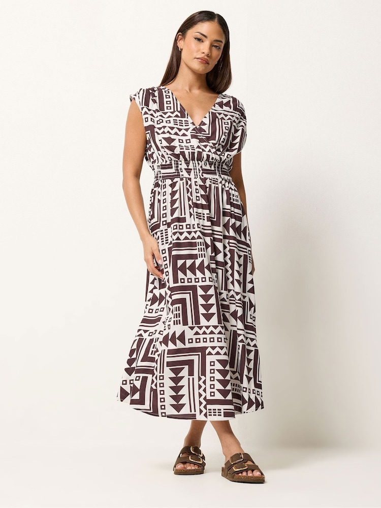 PixieGirl Petite Brown Abstract Wrap Front Midi Dress - Image 1 of 5