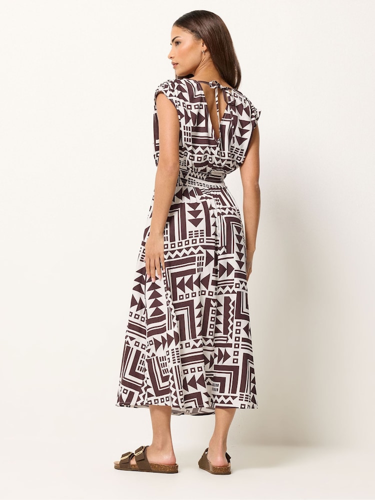 PixieGirl Petite Brown Abstract Wrap Front Midi Dress - Image 2 of 5