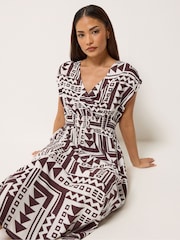 PixieGirl Petite Brown Abstract Wrap Front Midi Dress - Image 3 of 5