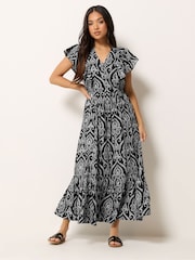 PixieGirl Petite Black Linen Blend Frill Print Maxi Dress - Image 1 of 5