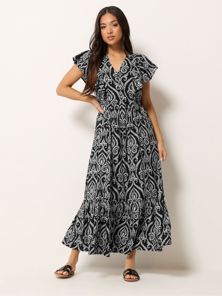 PixieGirl Petite Black Linen Blend Frill Print Maxi Dress - Image 1 of 5