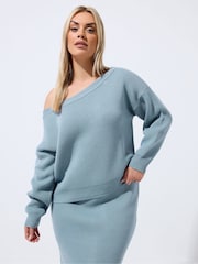 Yours Curve Blue Limited Off Shoulder Knitted Jumper - Image 1 of 5