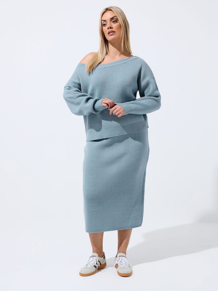 Yours Curve Blue Limited Off Shoulder Knitted Jumper - Image 2 of 5