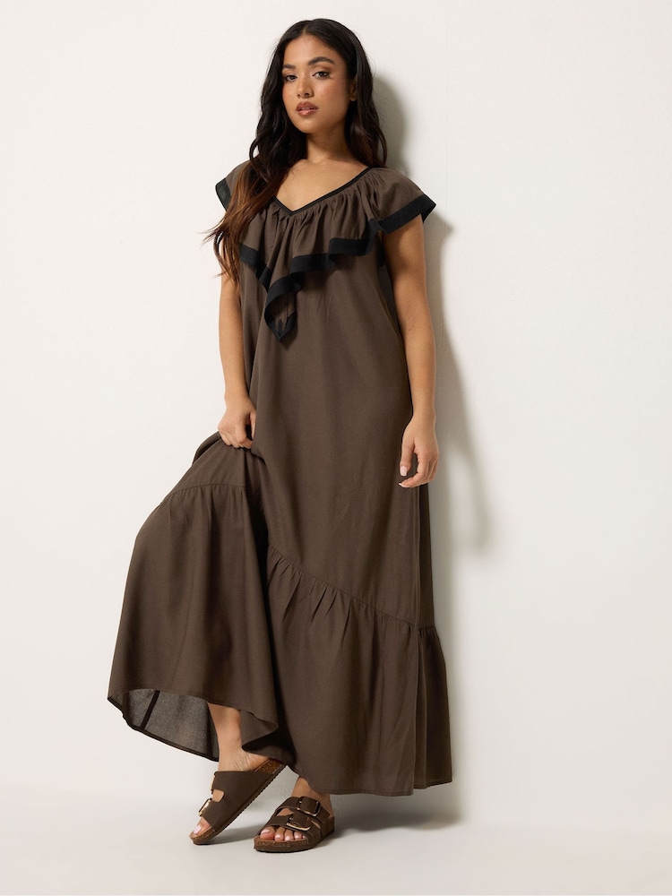 PixieGirl Petite Brown Contrast Frill Maxi Dress - Image 1 of 5