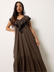 PixieGirl Petite Brown Contrast Frill Maxi Dress - Image 2 of 5