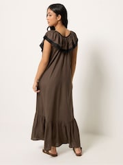 PixieGirl Petite Brown Contrast Frill Maxi Dress - Image 3 of 5