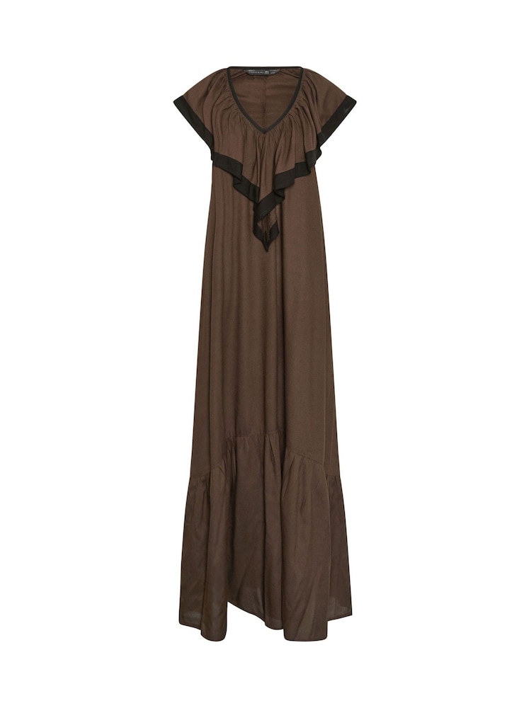 PixieGirl Petite Brown Contrast Frill Maxi Dress - Image 5 of 5