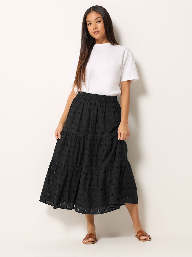 M&Co Black Petite Broderie Tiered Skirt - Image 2 of 5 M&Co Black Petite Broderie Tiered Skirt - Image 2 of 5