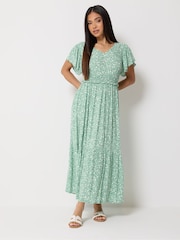 M&Co Green Petite Shirred Waist Printed Crinkle Dress - Image 1 of 5